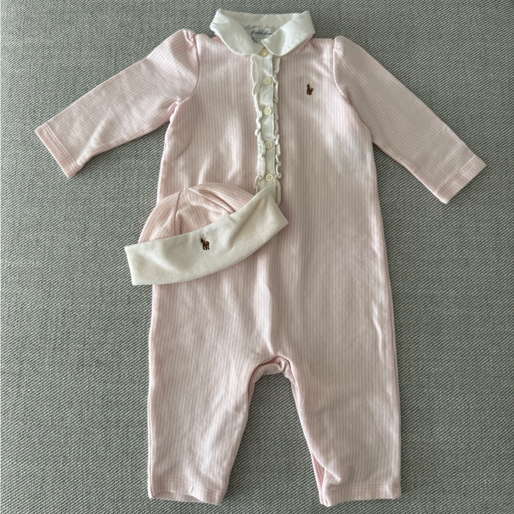 Ralph Lauren Baby Girl Pajama Onesie Outfit with Matching Hat